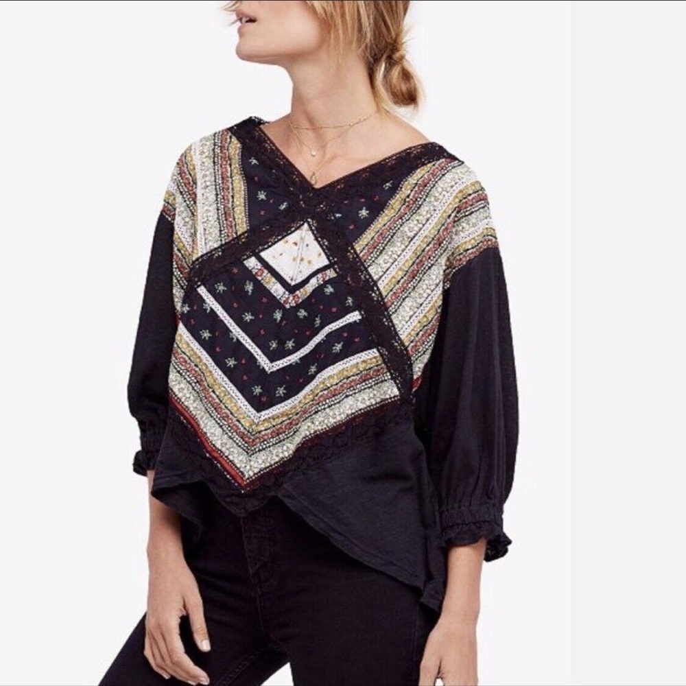 FREE PEOPLE Prairie Days Tee Top Black Short Sleeve